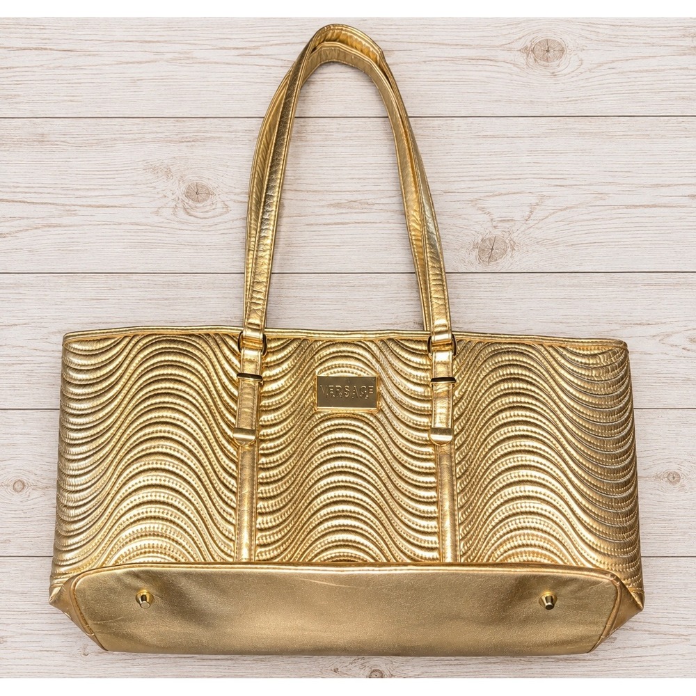 Versace Parfums Metallic Gold Textured Tote Bag Promotional Fragrance Y2K Glam